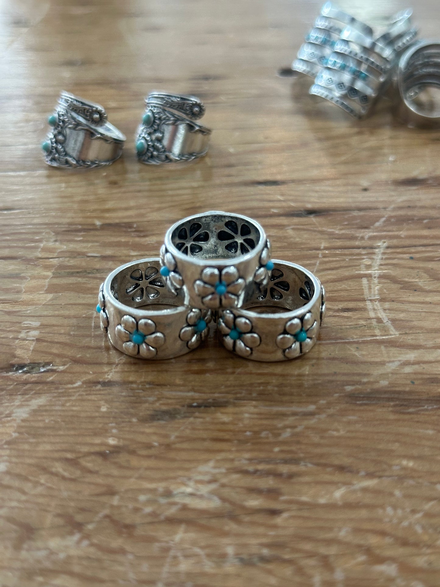 Daisy Weathered Silver Rings with Turquoise