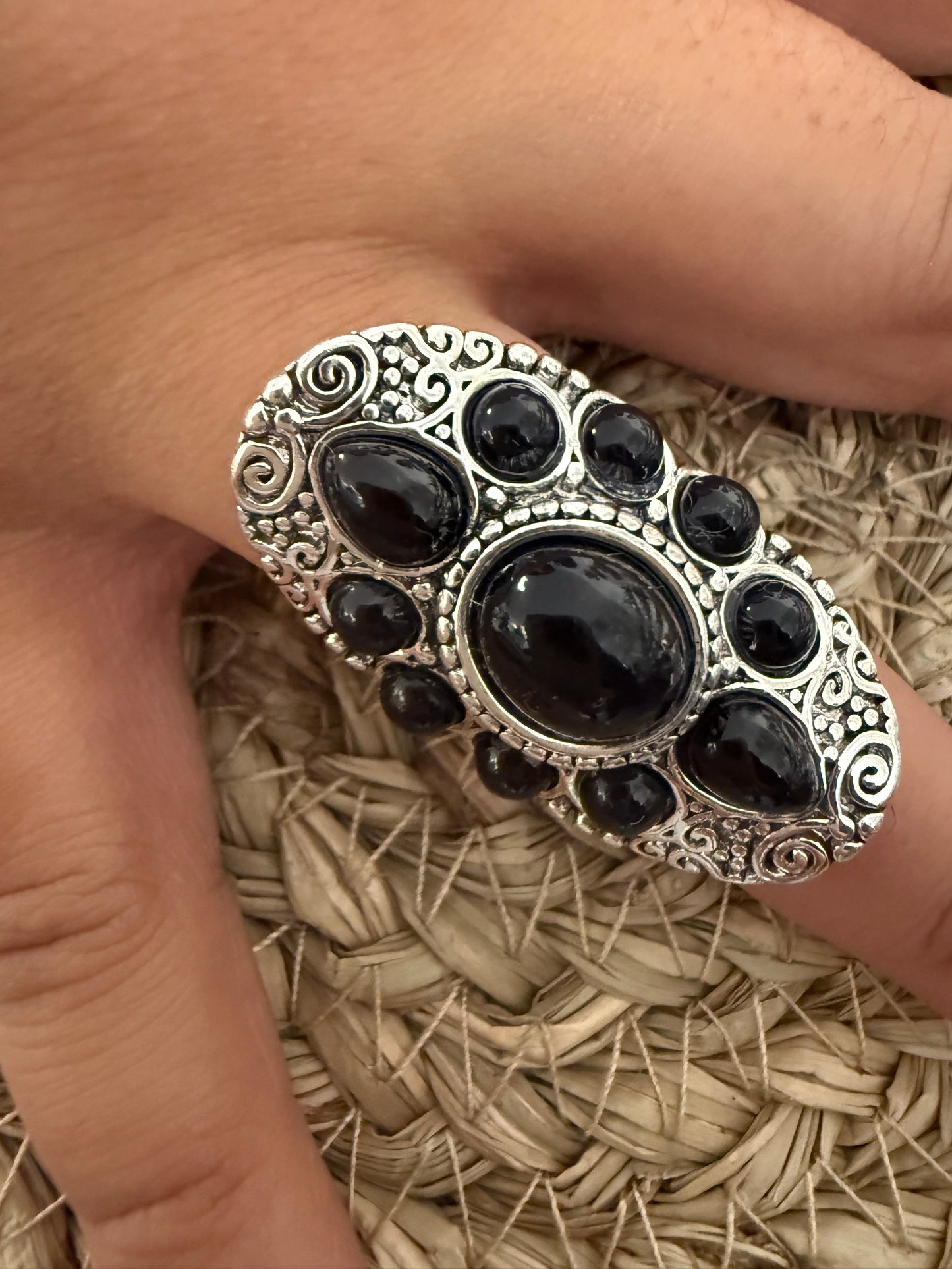 Large Silver & Black Stone Ring